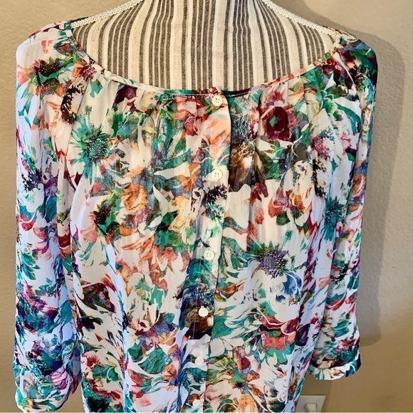 Apt 9 Blouse 1X White Floral Purple Green Orange Pink Semi Sheer Dressy - Picture 2 of 14